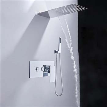Solid Brass Wall Mount Rainfall Shower Head And Shower Mixer With Handheld Shower In Chrome Finish